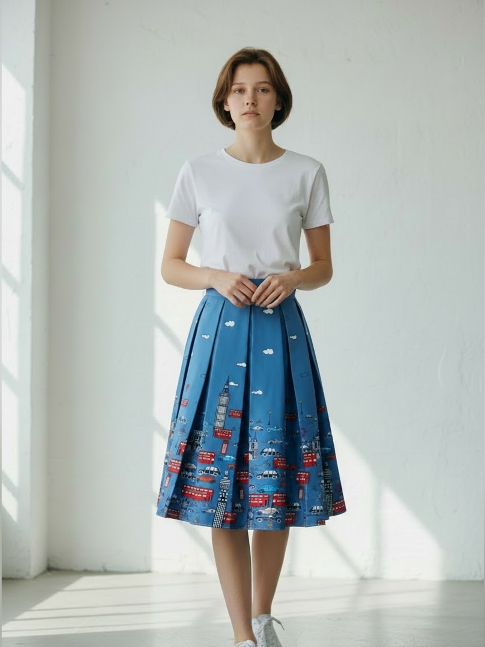 London Skyline Print Circle Skirt Blue Red‎ Retro A-Line Size XL - Picture 2 of 10